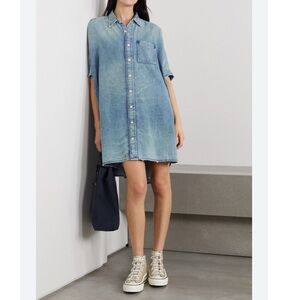 R13 Distressed Denim Shirt Dress - Blue